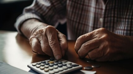 A senior man an elderly pensioner counting coins. Generative Ai technology.