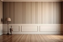 Front View Of An Empty Living Room With Wooden Flooring And Plain Striped Wallpaper. Idea For A Gallery Or Exhibition. A Mockup