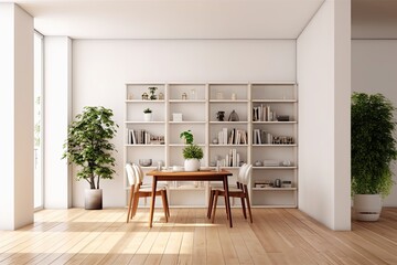 Wall Mural - Front view of a light-filled living room with a white wall, a dining table and chairs, a bookshelf with books, a vase, and a hardwood floor. minimalist design principle. a mockup