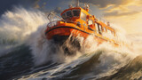 Fototapeta  - Orange rescue or coast guard patrol boat industrial vessel in blue sea ocean water. Rescue operation in stormy sea