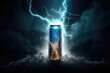 Creative concept banner to advertise an energy drink in an aluminum can. Energy drink with lightning and flashes, symbols of energy. 3d render illustration style.