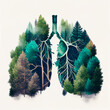 Creative metaphoric illustration of human lungs in the shape of green forest trees with lush vegetation foliage. Environment climate change smoking health concept
