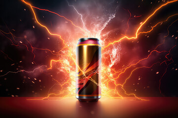 Creative concept banner to advertise an energy drink in an aluminum can. Energy drink with lightning and flashes, symbols of energy. 3d render illustration style.