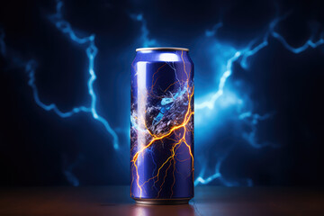 Creative concept banner to advertise an energy drink in an aluminum can. Energy drink with lightning and flashes, symbols of energy. 3d render illustration style.