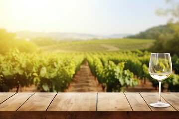 Empty wood table top with a glass of wine on blurred vineyard landscape background, for display or montage your products.