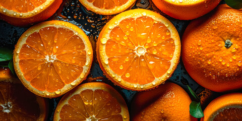 Creative fruits composition. Beautiful oranges whole and sliced glistering with dew water droplet. flat lay top view. seamless macro closeup. Ai generated.