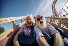 Generative AI Image Of Happy Aged Couple Wearing Sunglasses And Casual Clothes In Amusement Park While Riding On Roller Coaster