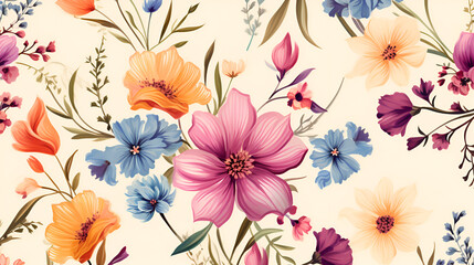 Seamless design. A colorful abstract bouquet of flowers on a cream background. AI generation