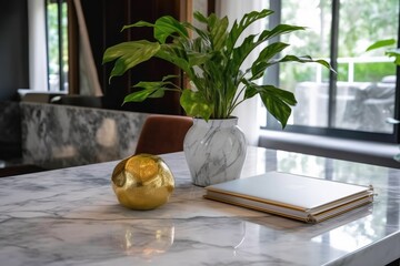 Poster - White marble tabletop in an office setting with notebooks, a smartphone, and a houseplant. Desk made of white marble with copy space for a montage of products.