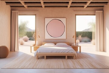 Poster - Interior of a wooden bedroom with a wooden floor, a large horizontal poster hanging above the bed, and bedside tables. a mockup