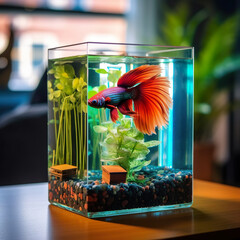 Aquarium with a beautiful view on the table. Beautiful glass aquarium with fish in fantasy forest. Pet shop aquarium. Realistic 3D illustration. Generative AI