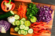 Variety of Fresh Vegetables Prepped for a Salad: Julienned carrots, shredded cabbage with sliced cucumber, lime, and red bell pepper