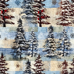 Wall Mural - Old-Fashioned christmas tree with primitive hand sewing fabric effect. Cozy nostalgic homespun winter hand made crafts style seamless pattern.