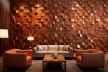 Wall Mural - Interior of a contemporary living room with wooden wall panels and a sofa