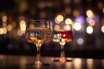 Alcohol glasses on a bar counter. Generative AI