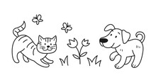 Doodle Coloring Page. Drawing With Smiling Dog And Cat, Flowers And Butterflies In Hand Drawn Style. Outline Sketch With Animals Or Pets. Linear Flat Vector Illustration Isolated On White Background