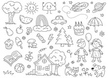 Doodle Coloring Page Set. Outline Sketch With Kids And Smiling Sun, Rainbow And Cloud, Planet And Spaceship, Sweets And Fruits, Cat And Dog. Linear Flat Vector Collection Isolated On White Background