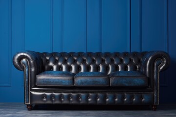 Wall Mural - Interior background of a living room with a leather sofa and a deep blue wall.
