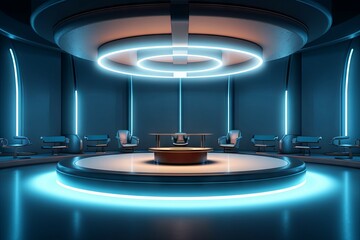 Wall Mural - Modern futuristic podium with neon lighting for product presentation. AI generated, human enhanced