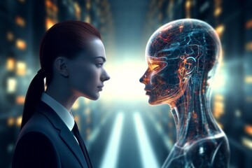 Woman opposite AI. The concept of confrontation between humanity and artificial intelligence