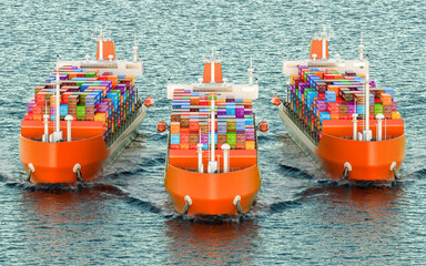 Freighter ships with cargo containers sailing in ocean, 3D rendering