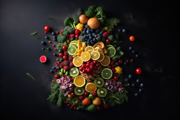  Christmas tree made of healthy food on black background. Top view with copy space mixed fruits