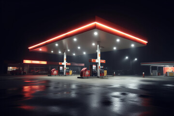 Gas and oil station at night in the fog. 3d rendering illustration.