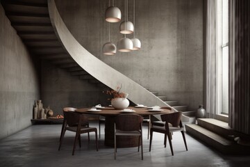 Poster - Interior of a contemporary dining room with walls that are gray and concrete, a wooden table with round chairs around, a poster, and stairs. simulated toned image