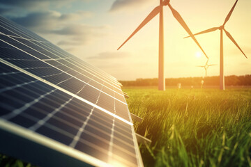Wall Mural - solar panels and wind turbines at sunset. renewable energy concept.