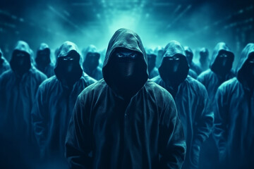 Group of unknown hooded people standing in front of a glowing stage.