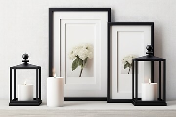 Sticker - Decorated interior of a home. Burning candle interior decoration, white and black handcrafted ornamental vases, and a black picture frame. a mockup