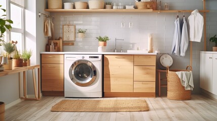 photo of washing machine standing in a laundry room in a modern minimalist home
