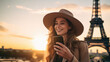 © DesignVectX - Young beautiful woman taking selfie in front of the Eiffel tower