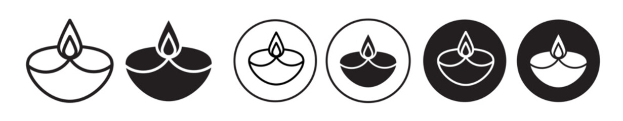 Diwali icon set. diya vector symbol in black filled and line style.