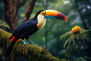 Wall Mural - Wild toucan tropical wallpaper. Big hornbill brazilian bird generative ai image