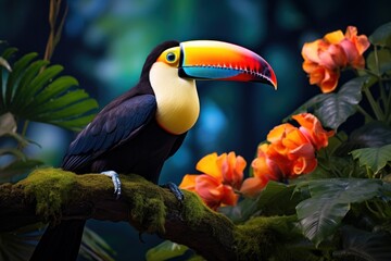 Wall Mural - Toucan on a branch. Big hornbill toucan bird portrait. Generative AI wild wallpaper