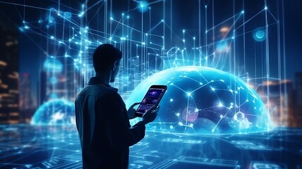 Generate ai , young businessman and communication network concept 