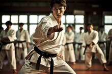 A Karate Asian Martial Art Training In A Dojo Hall. Young Man Wearing White Kimono And Black Belt Fighting Learning, Exercising And Teaching. Students Watching In The Background. Generative AI