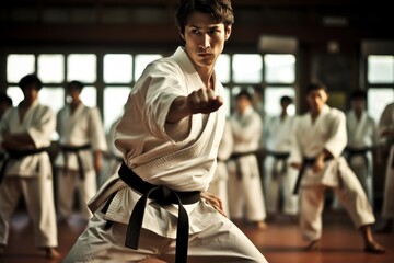 a karate asian martial art training in a dojo hall. young man wearing white kimono and black belt fi