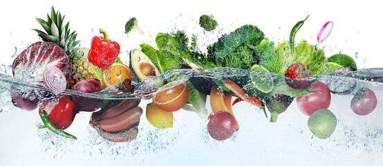 Sticker - Many fruits and vegetables falling into water against white background