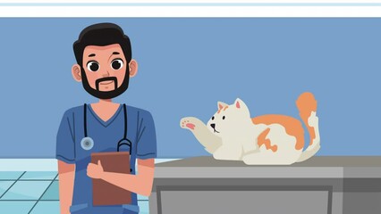 Wall Mural - male veterinary with cat mascot animation