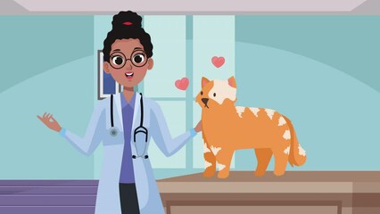 Sticker - female veterinary with cat mascot animation