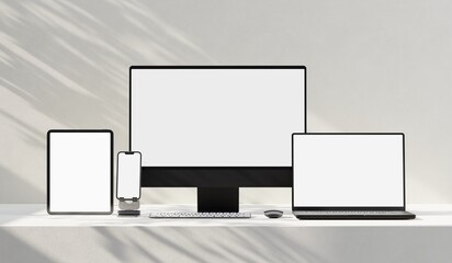 Wall Mural - responsive web design and website mockup, devices mock up, smartphone desktop tablet laptop template