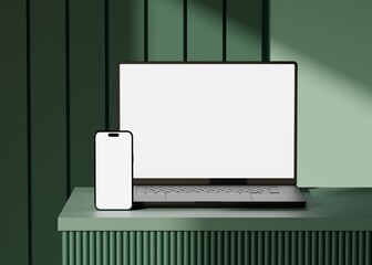 Wall Mural - responsive web design and website mockup, devices mock up, smartphone desktop tablet laptop template