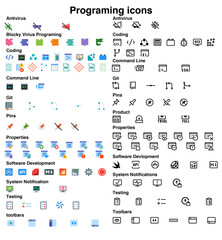 Programmin Icons set isolated on a white background flat vector illustration. Web coding, programming, and internet security color flat icons set vector illustration. Coding symbols Vector Color Pack.