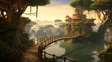Fairytale Fantasy World With Dilapidated Tree Huts And A Bridge Across The River. Ai Generation