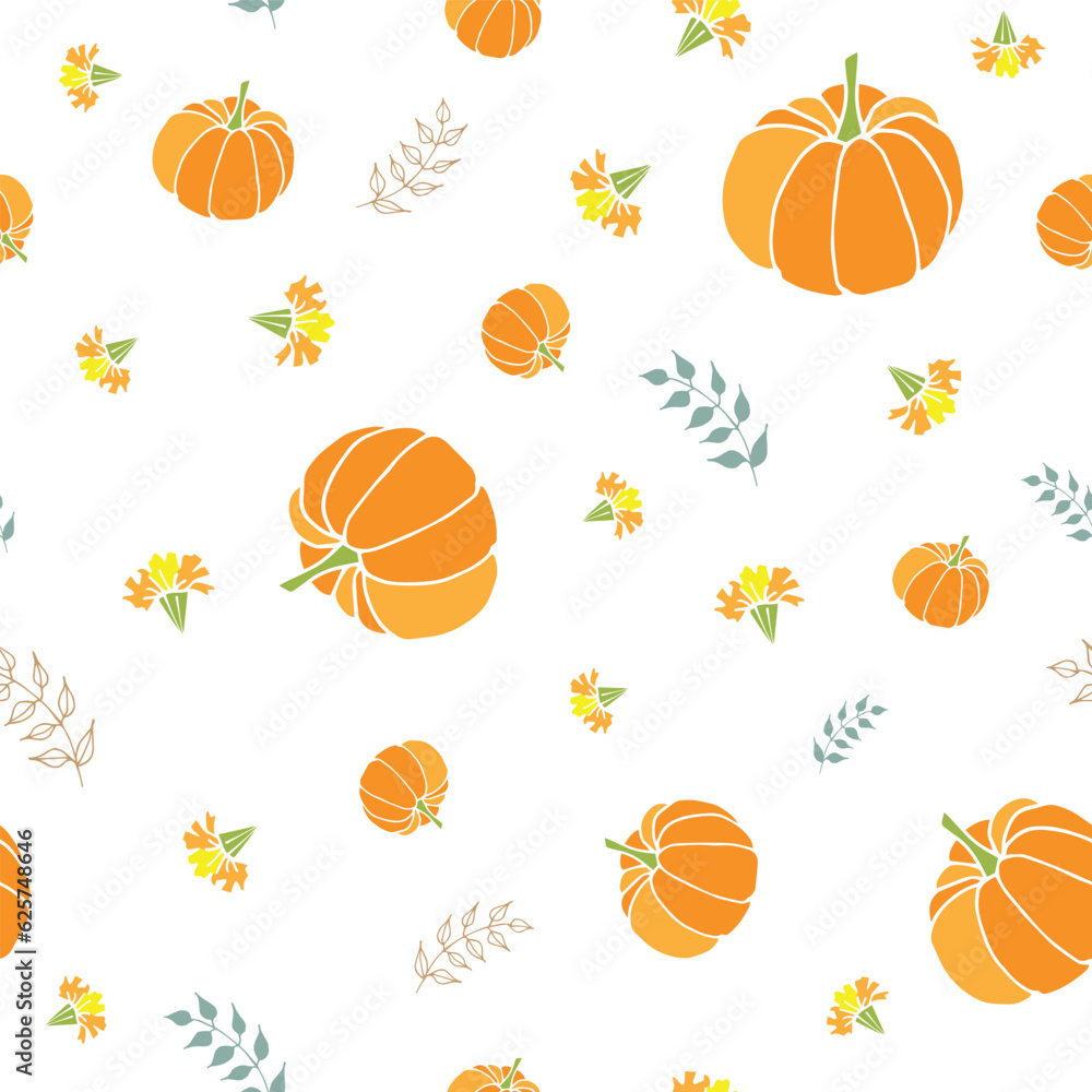 Vector Pumpkins, Flowers, and Ferns with White Background seamless pattern. Perfect for fabric, scrapbooking, wallpaper projects and paper products.
