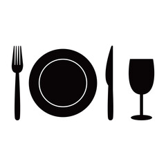 Tableware vector illustration on white background. Fork, knife, plate, wine glass icon. Restaurant dining and eating utensils. Dark shape silhouette.