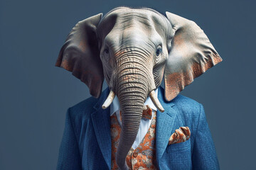 Elephant in a jacket on a blue background close-up, created with Generative AI technology.