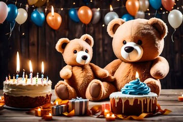 Wall Mural - teddy bear with celebrating birthday party generated by AI tool